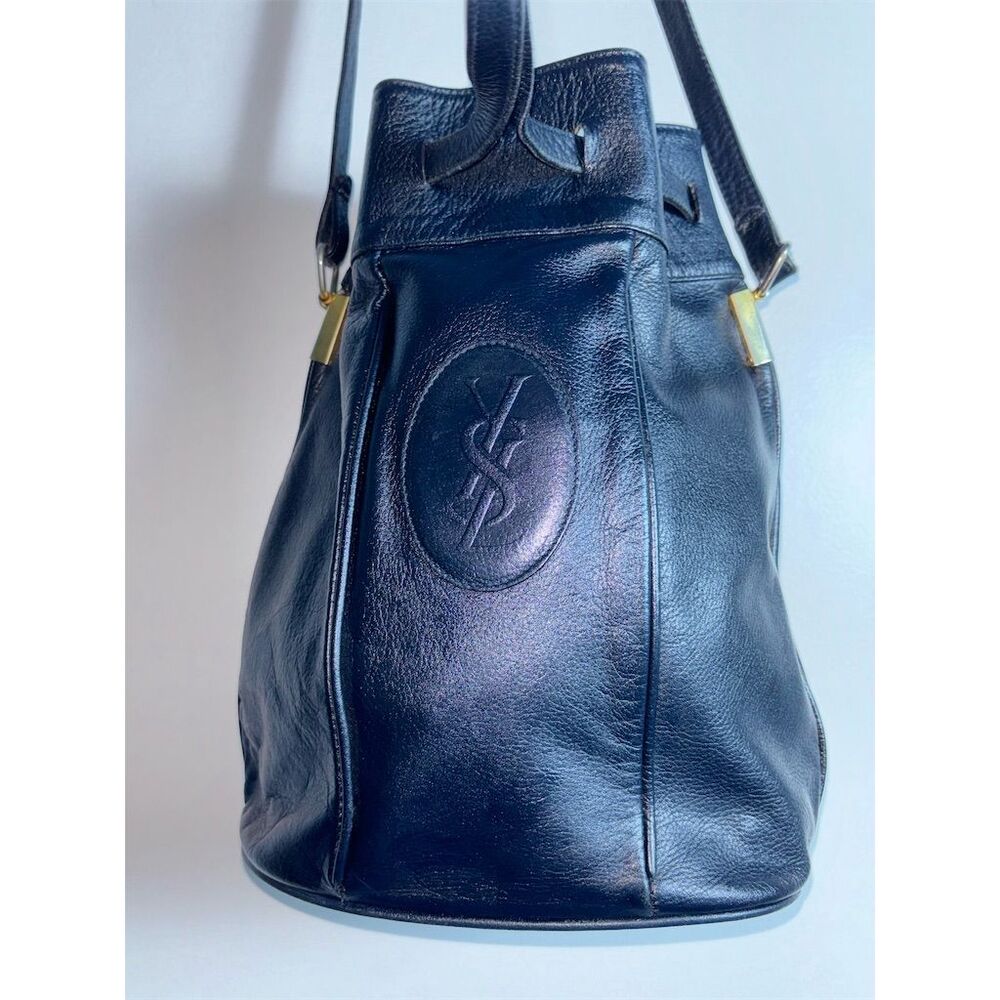 Yves Saint Laurent Vintage Navy Leather Bucket Bag with Drawstring